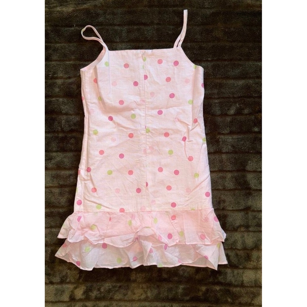 Maria Casero Polka Dot Dress Kids Size 10 Pink Excellent Linen Blend Ruffle Hem